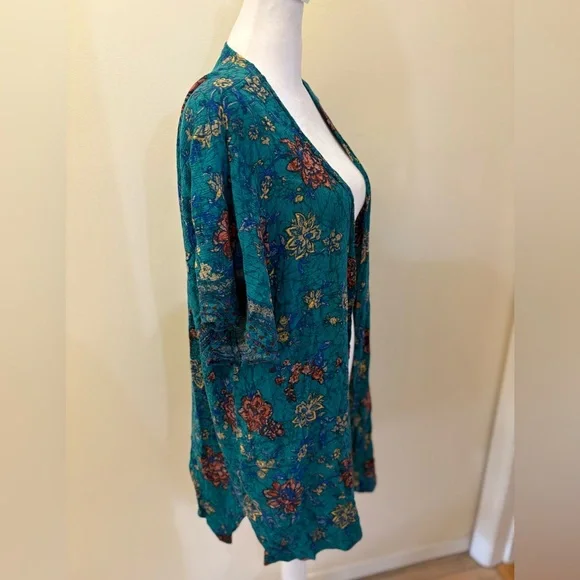 Large Maurices Teal Floral Mixed Print Kimono - Picture 6 of 12